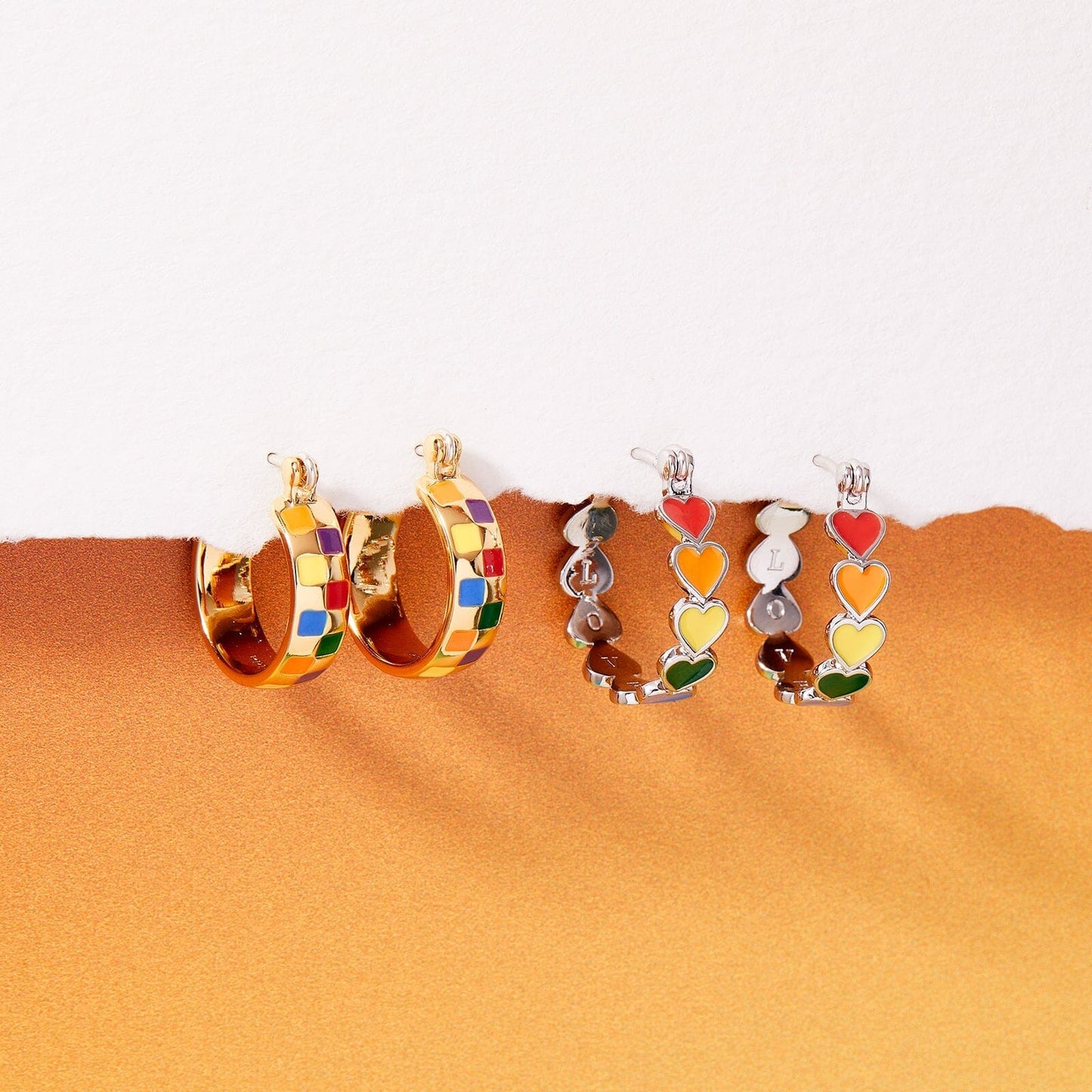 Rainbow Checkerboard Hoop Earrings