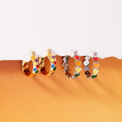 Rainbow Checkerboard Hoop Earrings